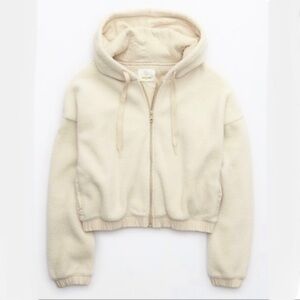 Aerie Offline Sherpa‎ Cropped Full Zip Hoodie Cozy Cream Size XXL